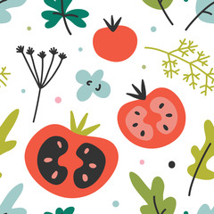 hand drawn vector illustration of tomato cooking ingredient in modern sketch hanndrawn style. Colorful seamless pattern of vegetable, good for fabric textile print or wrapping paper.