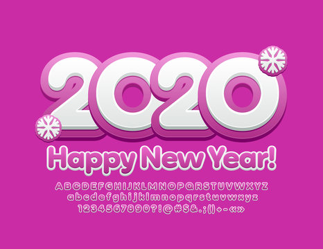 Vector bright Greeting Card Happy New Year 2020 for Children. Artistic set of contemporary Alphabet Letters, Symbols and Numbers. Trendy Violet and White Font