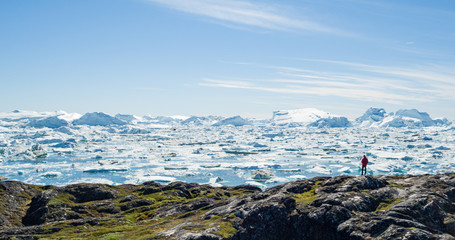 Wall Mural - Travel wanderlust adventure in Arctic landscape nature with icebergs - tourist person looking at view of Greenland icefjord - aerial photo. Man by ice and iceberg, Ilulissat Icefjord.