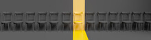 Standing Chairs In A Row, Yellow Chair Stands Out Among The Likes. Business Hiring And Recruiting Concept. 3d Illustration.