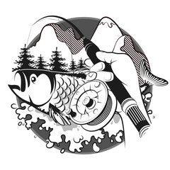 Sticker - Fishing rod with reel in hand and fish with splashes of water