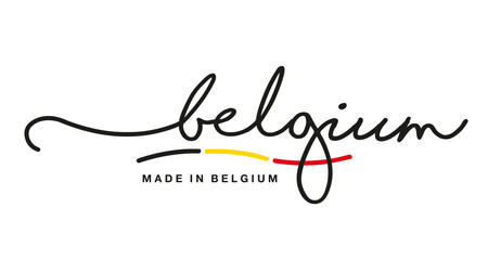 Made in Belgium handwritten calligraphic lettering logo sticker black yellow red flag ribbon banner line design