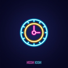 Time Clock Simple Luminous Neon Outline Colorful Icon On Blue Background.