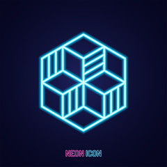 Fototapete - Hexagon simple luminous neon outline colorful icon on blue background.