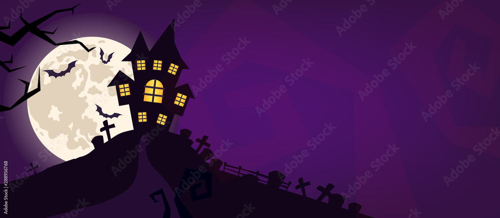 Halloween scary vector background. Spooky graveyard and haunted house at night cartoon illustration. Horror moon, bats and graves silhouettes creepy backdrop. Helloween gothic panorama with cemetery - obrazy, fototapety, plakaty 