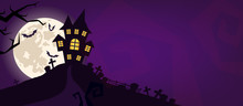 Halloween Scary Vector Background. Spooky Graveyard And Haunted House At Night Cartoon Illustration. Horror Moon, Bats And Graves Silhouettes Creepy Backdrop. Helloween Gothic Panorama With Cemetery