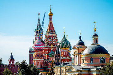 In Zaryadye park against the background of Saint Basil.