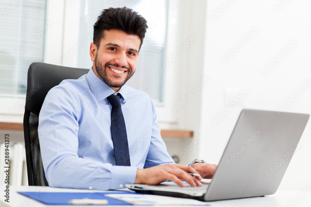 Attractive manager at work in his office - obrazy, fototapety, plakaty 