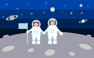 Two astronauts holding hands. Happy man and woman in space suits smiling. Love, space travel, explore. Couple reaching new heights. Relationship thriving. Vector illustration, flat style, clip art.