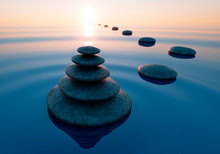 Stack Of Stones In Calm Water In The Wide Ocean - Concept Of Meditation - 3D Illustration