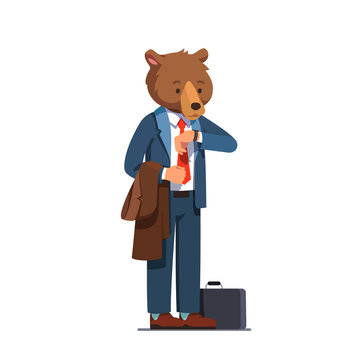 Business man with bear head looking at wrist watch