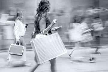 Wall Mural - visit the shops in city in monochrome blue tonality