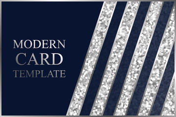 Wall Mural - Modern geometric luxury card template for business or presentation with silver lines and blue stripes on a navy blue background.