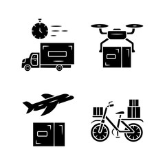 Poster - Delivery glyph icons set. Shipping service. Drone, plane, bicycle delivery. Logistics and distribution. Postal service. Cargo international shipment. Silhouette symbols. Vector isolated illustration