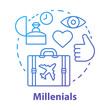 Millennials concept icon. Age group idea thin line illustration. Travelling. Life goals and purposes, plans. Classic lifestyle. Echo boomers. Vector isolated outline drawing