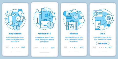 Generation onboarding mobile app page screen with linear concepts. Generation X and millennials. Baby boomers walkthrough steps graphic instructions. UX, UI, GUI vector template with illustrations