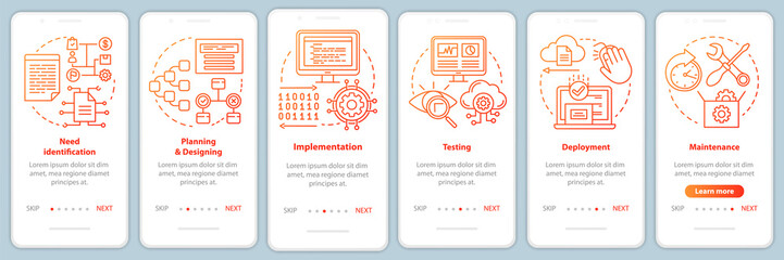 Software development stages onboarding mobile app page screen vector template. Computer program creation. Walkthrough website steps with linear illustrations. UX, UI, GUI smartphone interface concept