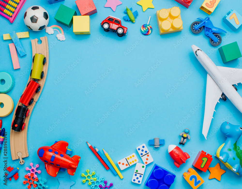 Frame of kids toys on blue background - obrazy, fototapety, plakaty 