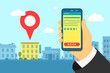 Hand holding smartphone at hotel search and booking online with rating review stars. Mobile app hostel searching detailed and reservation application interface on cityscape. Vector illustration
