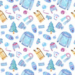 © Evgeniia - Seamless pattern with pullover, cardigan, cap,  gloves, mug, wool, mittens, knitting needle  on a white background. Hand painted in watercolor.