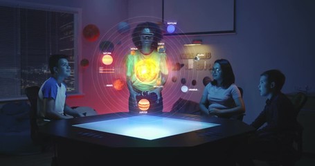 Wall Mural - Teacher using solar system hologram in class