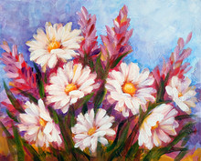 Wild Meadow Flowers With Daisies Bouquet Oil Painting