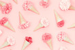 Spring summer waffles cones with flowers pattern candy pink monochromatic background