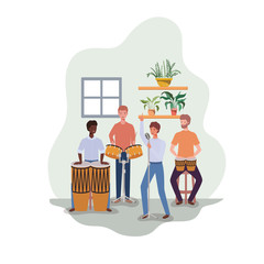 Wall Mural - men with musical instruments and houseplants of background