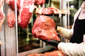 Wall Mural - Close up on butcher's hands in gloves working in butchery.