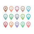 © Tsvetina - Location pin pointer vector set with cafe, restaurant, hotel, bus sign. Location pin markers with airport, train station, bank, hospital signs.
