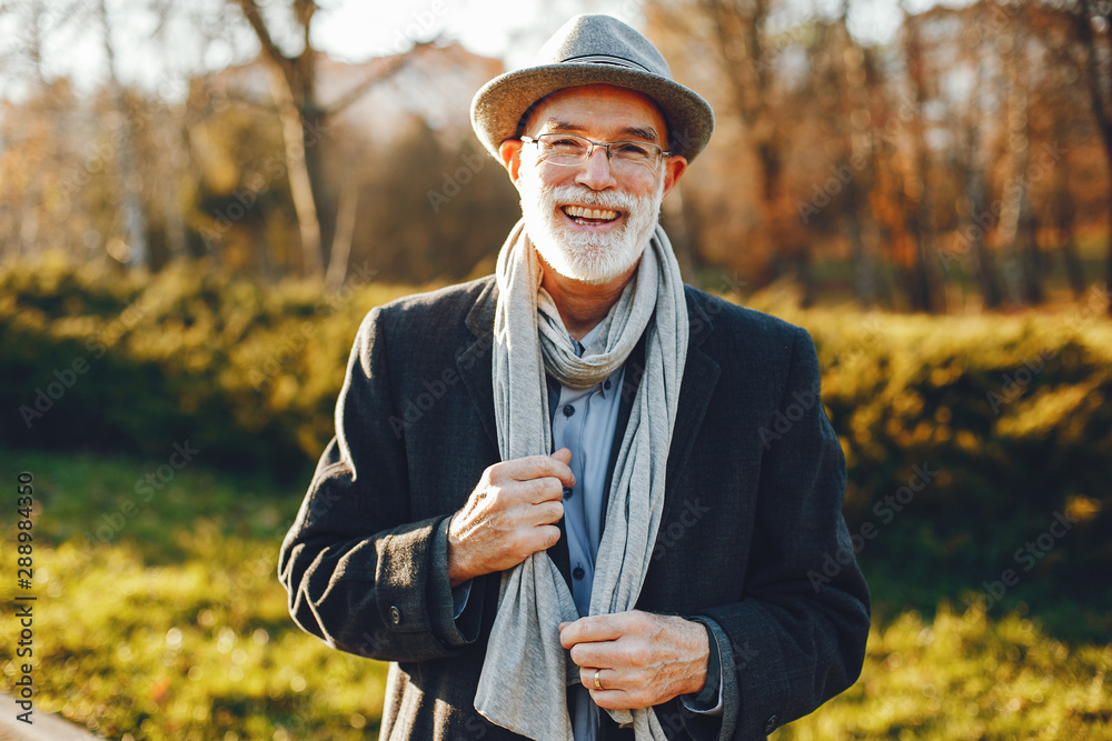 Handsome grandfather in a autumn park. Old man in a gray jacket and hat. - obrazy, fototapety, plakaty 