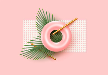 Poster - Minimal 3d design with realistic objects, green palm leaves and branches, round torus and donuts, patterned white mesh. Pink and coral background with elements of realism. vector illustration