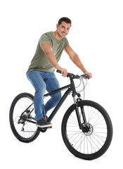 Poster - Handsome young man with modern bicycle on white background