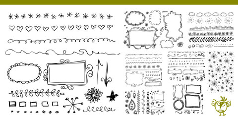 Hand drawn line, border, frame vector design element set. Template for invitation or greeting card