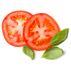  Slices of tomato and basil leaves isolated on white background. Top view, flat lay.