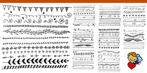 Hand drawn line, border, frame vector design element set. Template for invitation or greeting card