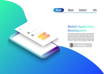 Fototapete - Mobile app development vector illustration. Isometric mobile phone with layout of application. User experience, user login interface. Gadget software.