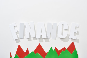 Wall Mural - top view of finance inscription with green and red statistic graphs on white background