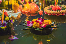 Loy Krathong Festival, People Buy Flowers And Candle To Light And Float On Water To Celebrate The Loy Krathong Festival In Thailand