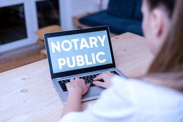 Wall Mural - Conceptual hand writing showing Notary Public. Concept meaning Legality Documentation Authorization Certification Contract woman with laptop smartphone and office supplies technology