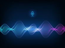Voice Assistant Concept. Vector Sound Wave. Microphone Voice Control Technology, Voice And Sound Recognition. Hi-tech AI Assistant Voice, Background Wave Flow, Equalizer. Vector Illustration 