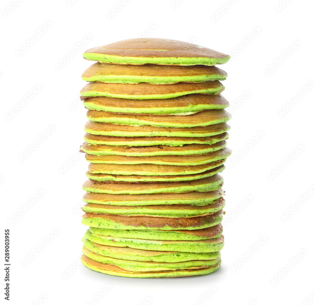 Tasty green pancakes on white background