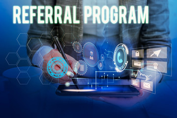 Poster - Text sign showing Referral Program. Business photo showcasing employees are rewarded for introducing suitable recruits Woman wear formal work suit presenting presentation using smart device