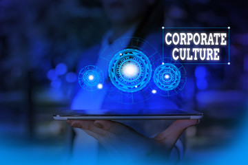 Poster - Text sign showing Corporate Culture. Business photo text pervasive values and attitudes that characterize a company Woman wear formal work suit presenting presentation using smart device
