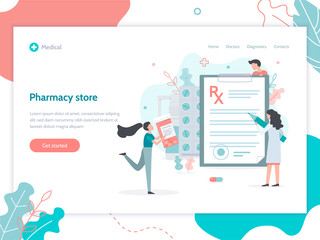 Wall Mural - Medical concept. Pharmacy store. Female doctor writes prescription. Web banner design template. Flat vector illustration.