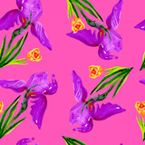 Fototapeta Motyle - Floral seamless pattern on a pink background, watercolor purple irises and yellow tulips.