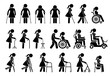 Mobility aids medical tools and equipment stick figure pictogram icons. Artwork signs symbols depicts woman walking with crutches, wheelchair, cane, electric wheelchair, power scooter, and walker.