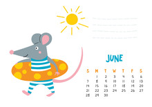 June. Vector Calendar Page With Cute Rat At Beach - Chinese Symbol Of 2020 Year