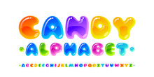 Candy Font. Transparent Glossy Multicolored Vector Uppercase Alphabet Isolated On White Background