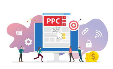 Poster - ppc pay per click technology advertising or advertisement concept with team people and clicks icon modern flat style - vector